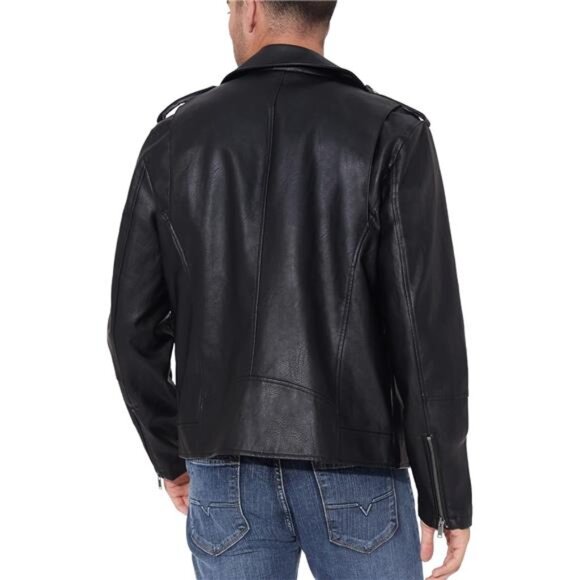 Mens Faux Leather Jacket Black Bomber Motorcycle Slim Fit Zip Up Biker Coat - Picture 5 of 8